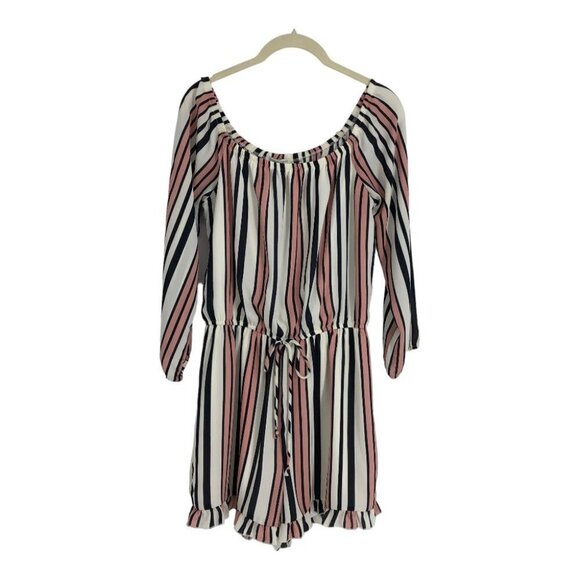 Charlotte Russe Blush Toned Pin Striped Off The Shoulder Short Romper size M - Picture 2 of 16